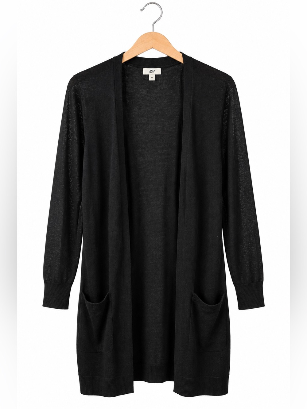 Halogen Black Open Front Longline Cardigan Medium Linen Blend Lightweight